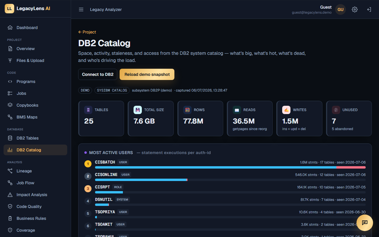 LegacyLens database catalog insights