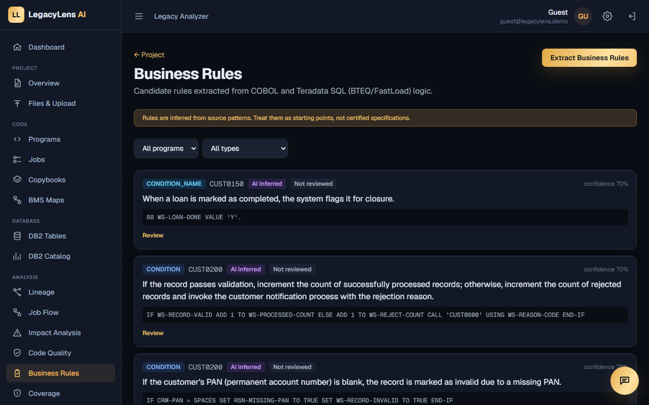 LegacyLens business rules extracted from COBOL